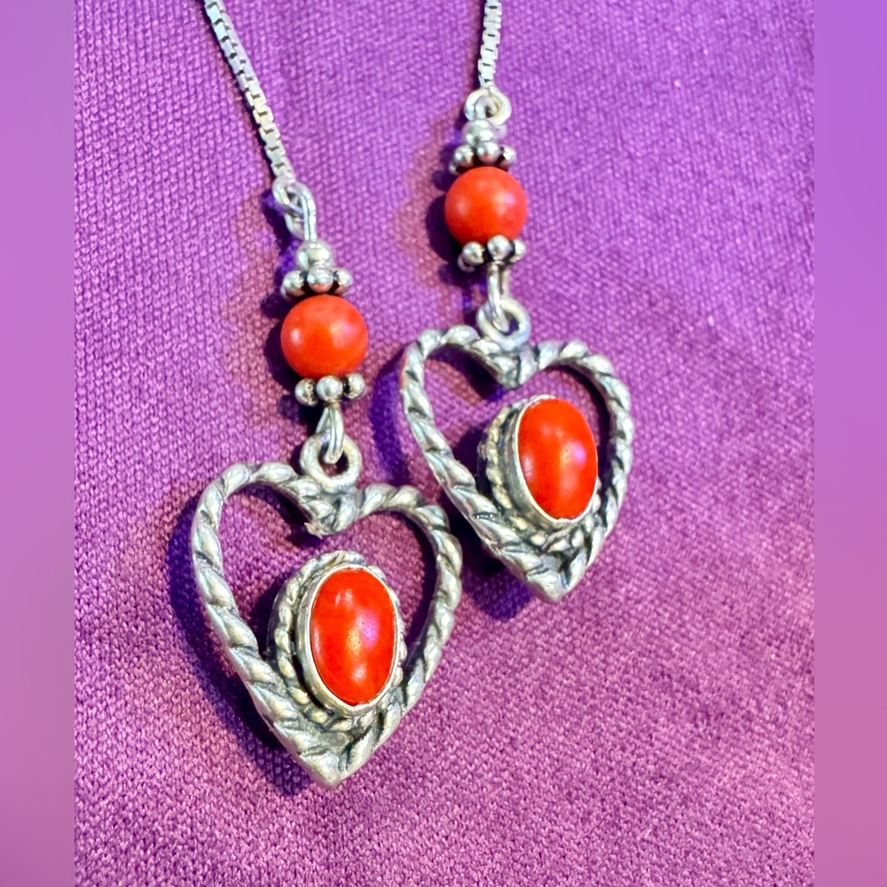 QT 0.925 Coral Heart 6" Threader dangling Sterling Silver box Chain earrings